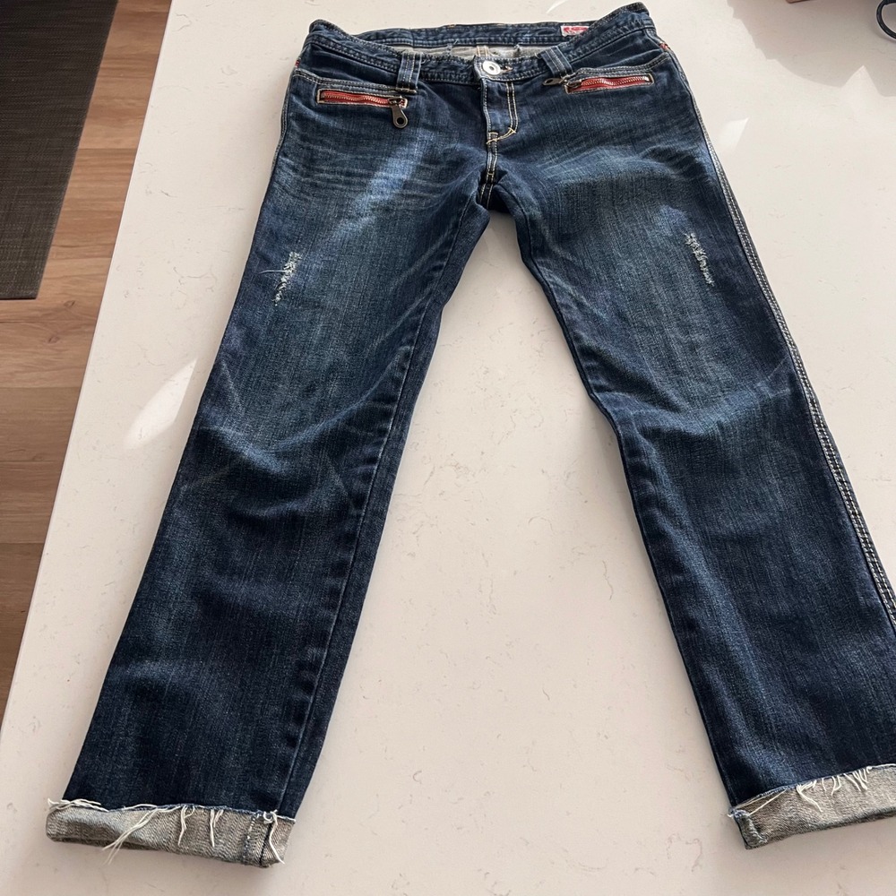 Sun Sister Bobson Dark Wash Distressed Raw Hem Jeans Red Zipper Y2K Low Rise 31